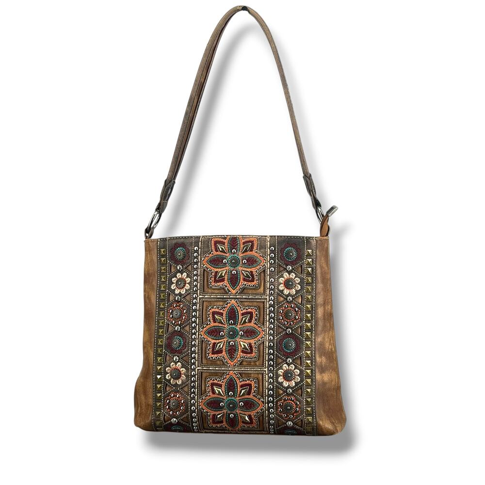 MONTANA WEST Large CC Shoulder Bag Southwestern Appliqué Embroidery Metal Detail